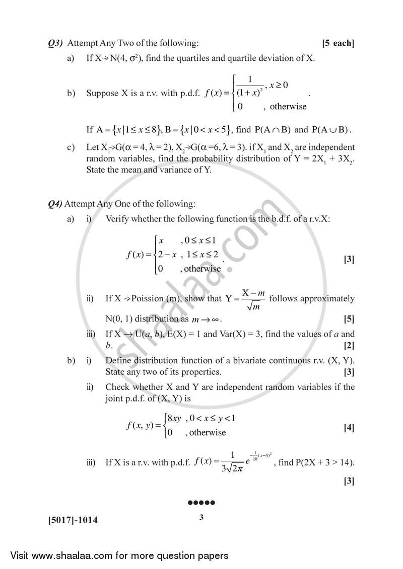Continuous Probability Distributions 1 2016-2017 - B.Sc. - Semester 3 (SYBSc) - University of Pune question paper with PDF download