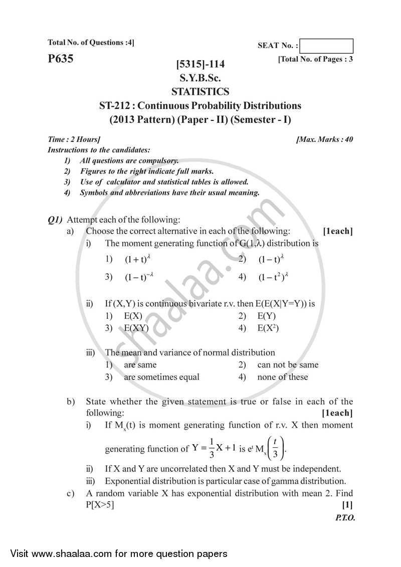 Continuous Probability Distributions 1 2017-2018 - B.Sc. - Semester 3 (SYBSc) - University of Pune question paper with PDF download