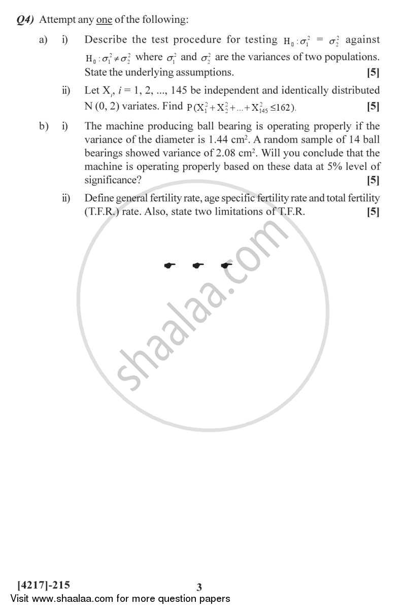 Continuous Probability Distributions 2 and Demography 2012-2013 - B.Sc. - Semester 4 (SYBSc) - University of Pune question paper with PDF download