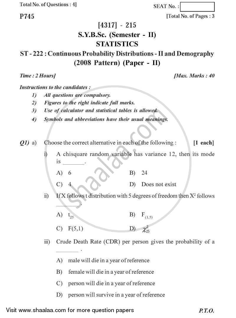 Continuous Probability Distributions 2 and Demography 2013-2014 - B.Sc. - Semester 4 (SYBSc) - University of Pune question paper with PDF download