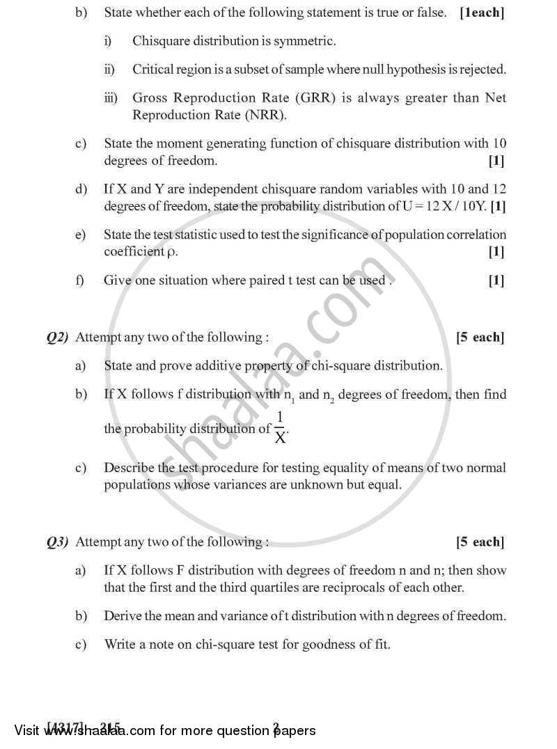 Continuous Probability Distributions 2 and Demography 2013-2014 - B.Sc. - Semester 4 (SYBSc) - University of Pune question paper with PDF download