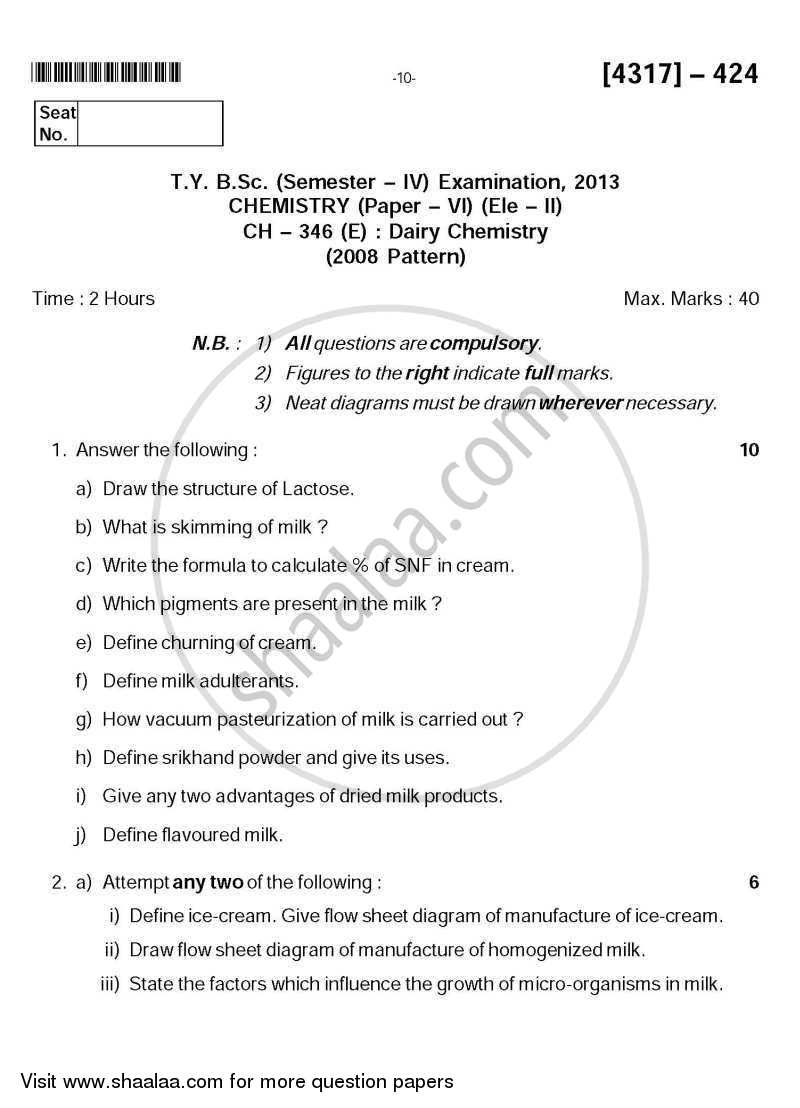 Dairy Chemistry 2013-2014 - B.Sc. - Semester 6 (TYBSc) - University of Pune question paper with PDF download