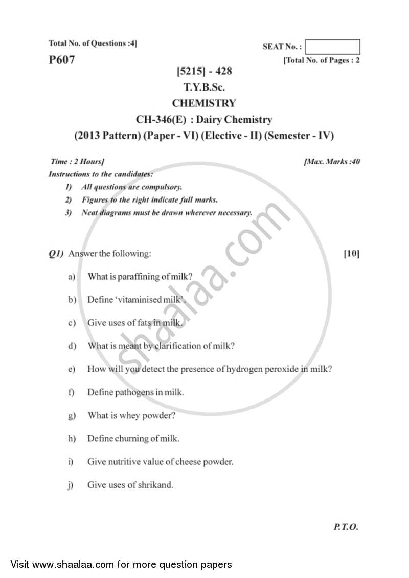 Dairy Chemistry 2017-2018 - B.Sc. - Semester 6 (TYBSc) - University of Pune question paper with PDF download