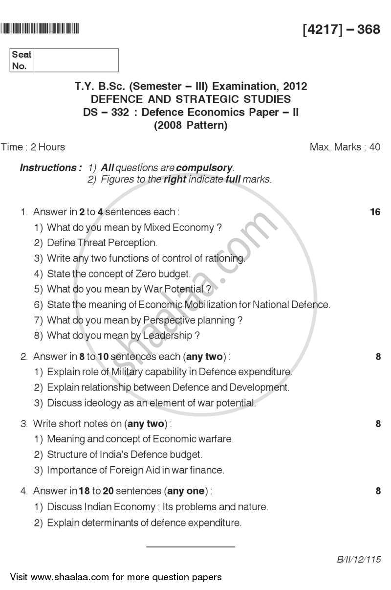 Defence Economics 2012-2013 - B.Sc. - Semester 5 (TYBSc) - University of Pune question paper with PDF download