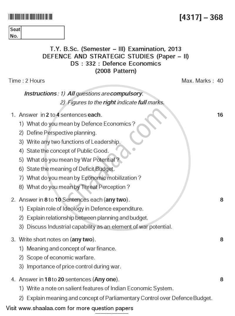 Defence Economics 2013-2014 - B.Sc. - Semester 5 (TYBSc) - University of Pune question paper with PDF download