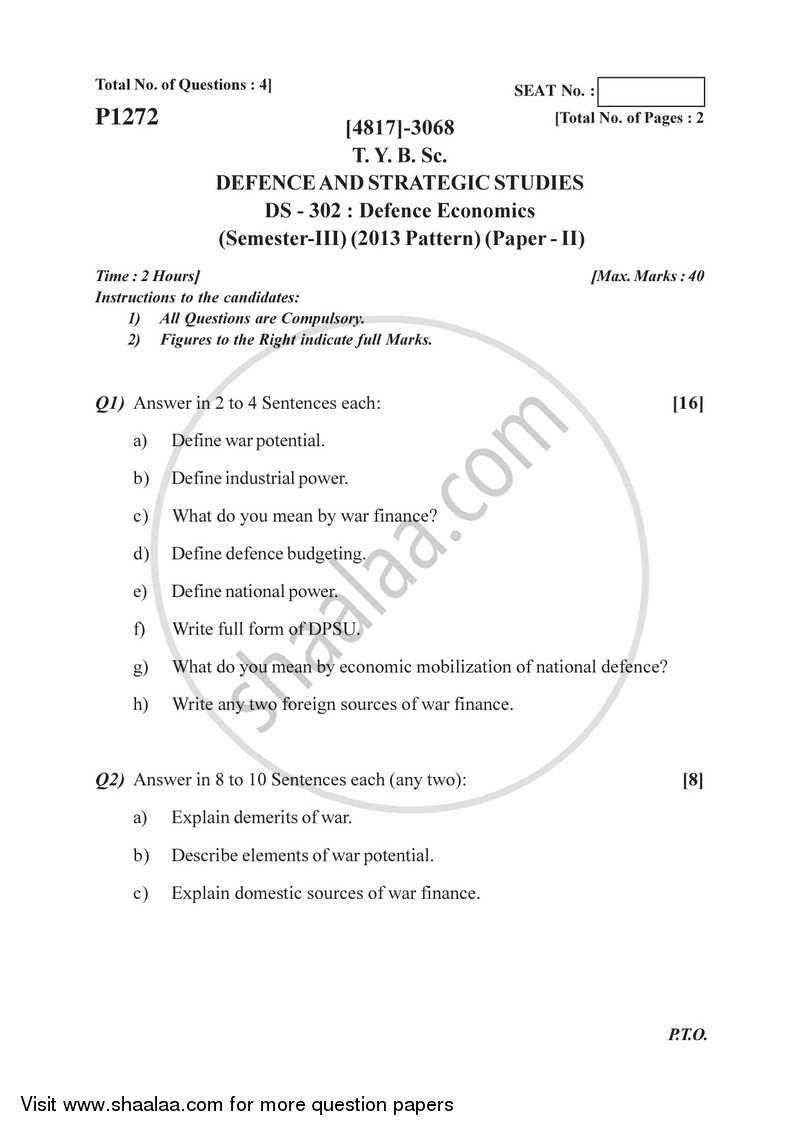 Defence Economics 2015-2016 - B.Sc. - Semester 5 (TYBSc) - University of Pune question paper with PDF download