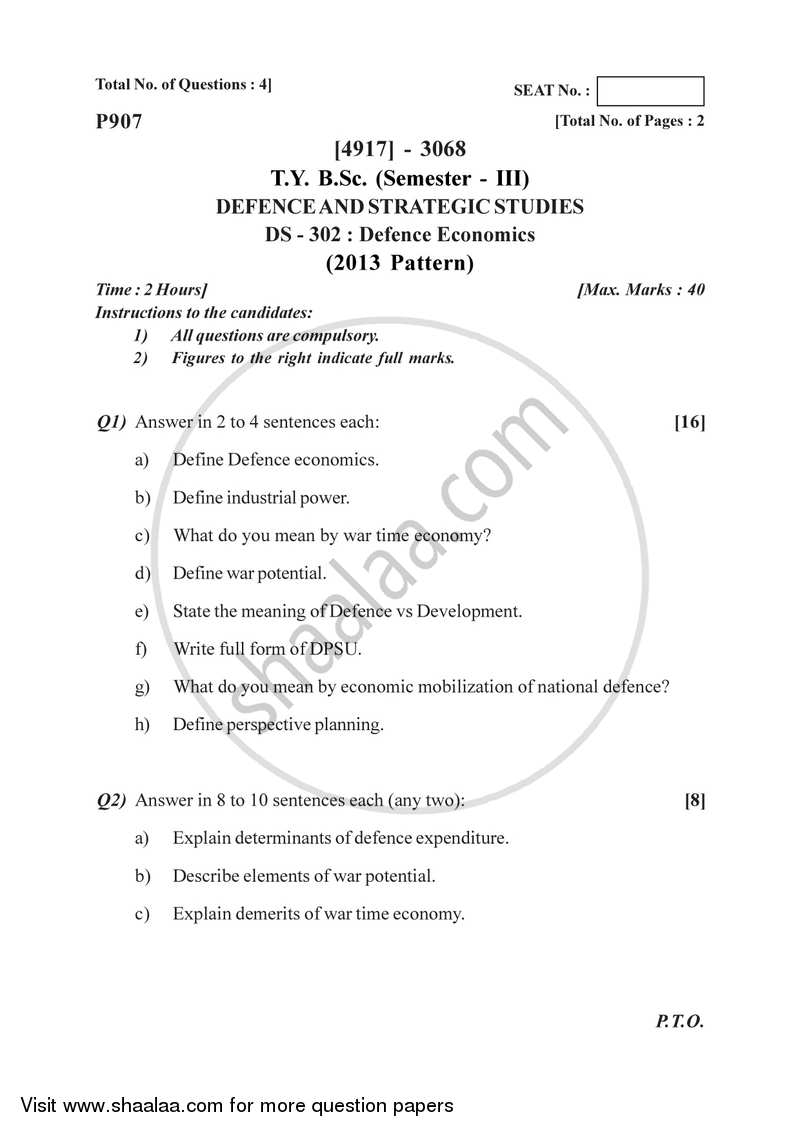 Defence Economics 2015-2016 - B.Sc. - Semester 5 (TYBSc) - University of Pune question paper with PDF download