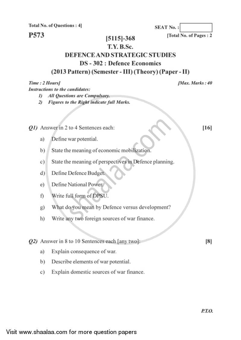 Defence Economics 2016-2017 - B.Sc. - Semester 5 (TYBSc) - University of Pune question paper with PDF download