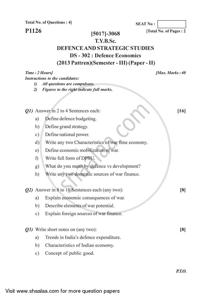 Defence Economics 2016-2017 - B.Sc. - Semester 5 (TYBSc) - University of Pune question paper with PDF download