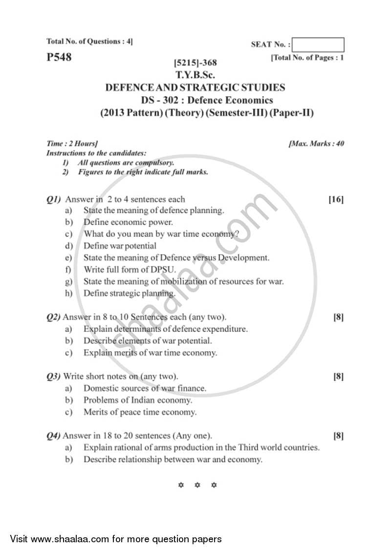 Defence Economics 2017-2018 - B.Sc. - Semester 5 (TYBSc) - University of Pune question paper with PDF download