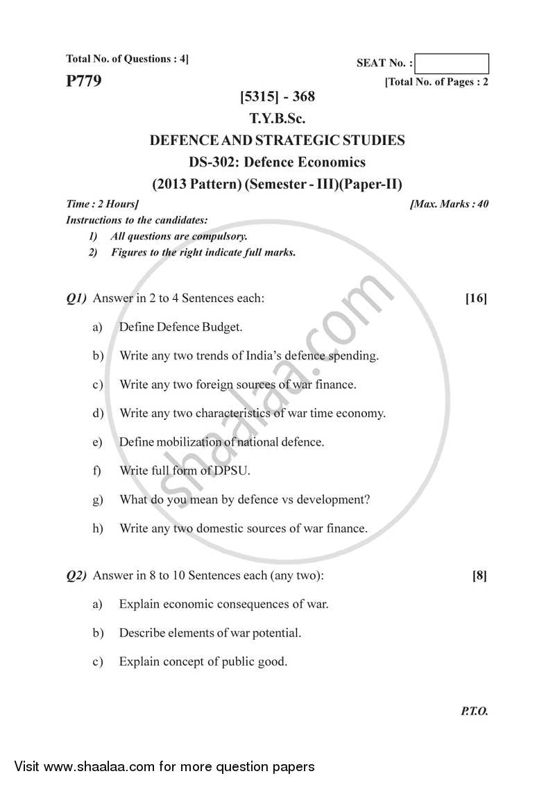 Defence Economics 2017-2018 - B.Sc. - Semester 5 (TYBSc) - University of Pune question paper with PDF download