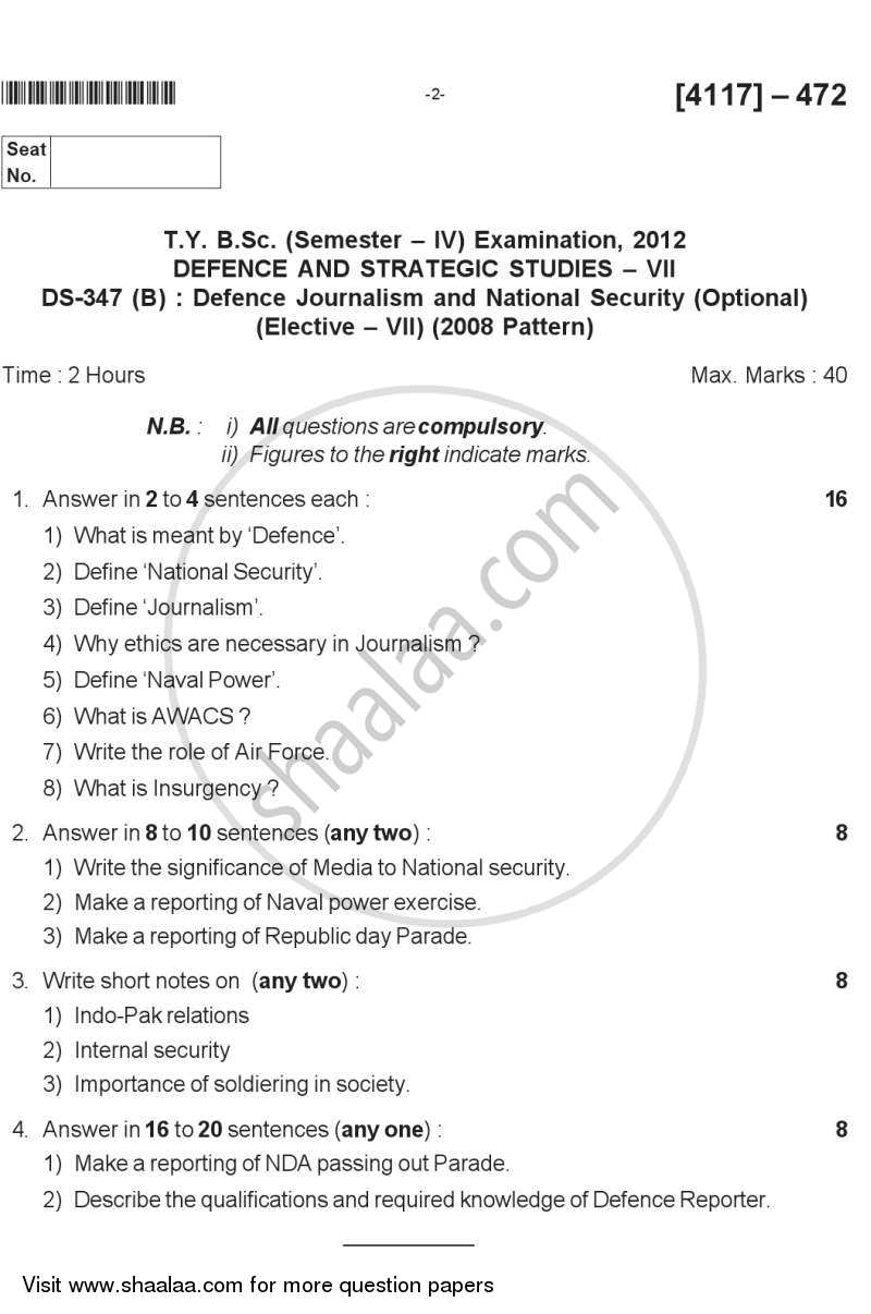 Defence Journalism and National Security 2012-2013 - B.Sc. - Semester 6 (TYBSc) - University of Pune question paper with PDF download