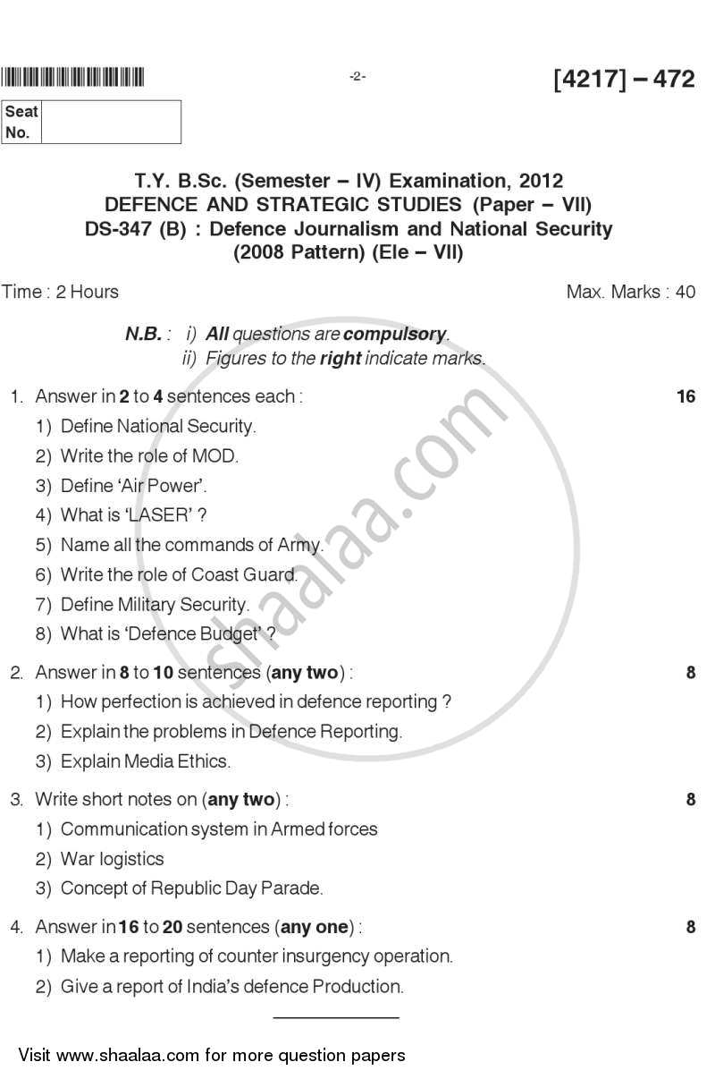 Defence Journalism and National Security 2012-2013 - B.Sc. - Semester 6 (TYBSc) - University of Pune question paper with PDF download