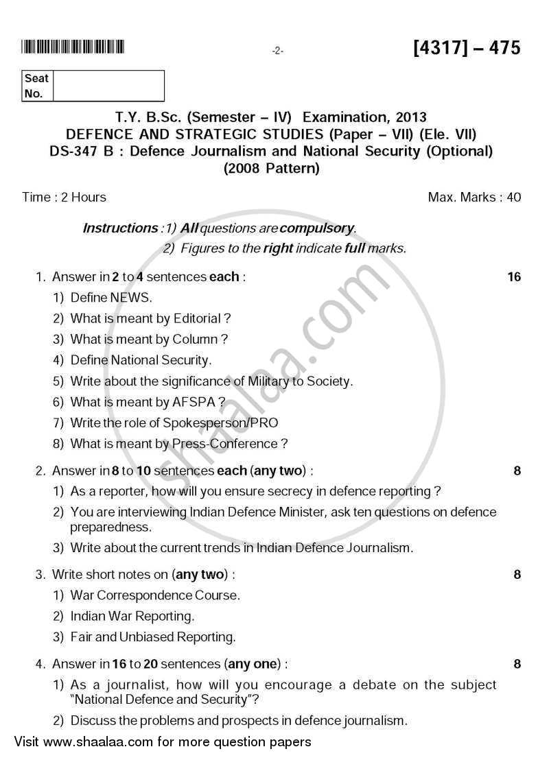 Defence Journalism and National Security 2013-2014 - B.Sc. - Semester 6 (TYBSc) - University of Pune question paper with PDF download