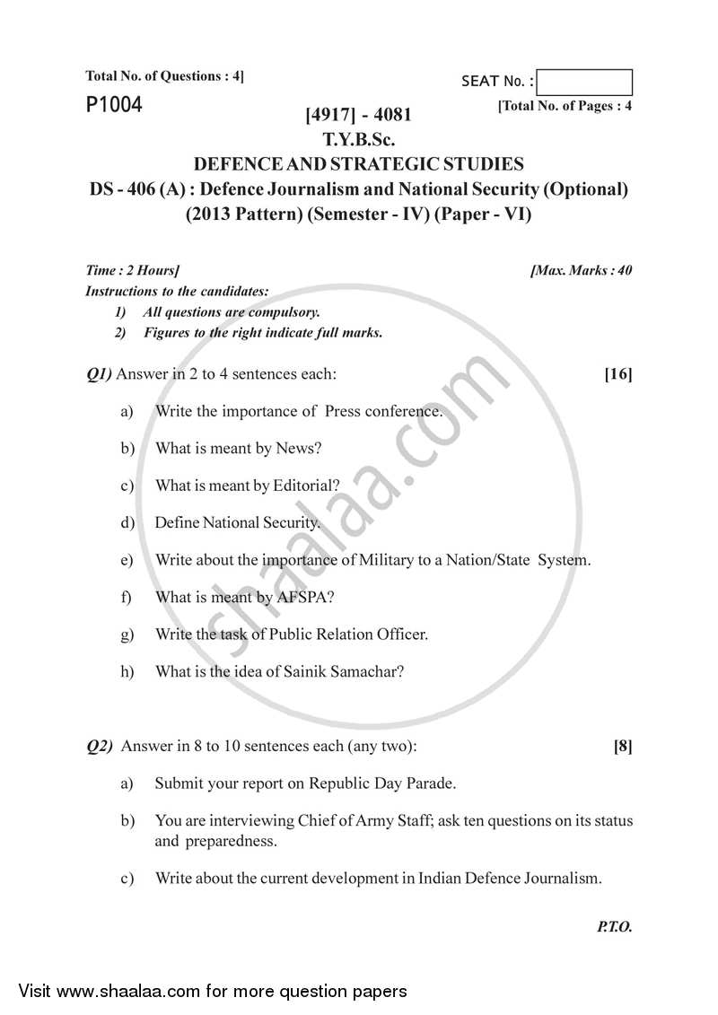 Defence Journalism and National Security 2015-2016 - B.Sc. - Semester 6 (TYBSc) - University of Pune question paper with PDF download