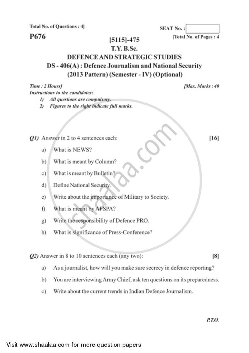 Defence Journalism and National Security 2016-2017 - B.Sc. - Semester 6 (TYBSc) - University of Pune question paper with PDF download