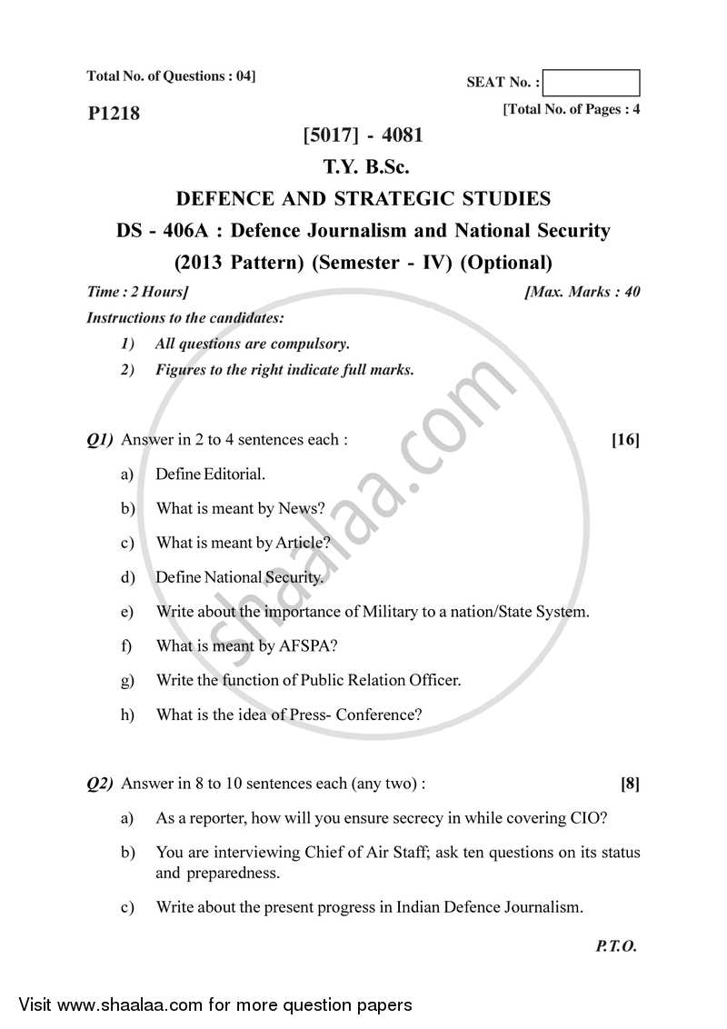 Defence Journalism and National Security 2016-2017 - B.Sc. - Semester 6 (TYBSc) - University of Pune question paper with PDF download