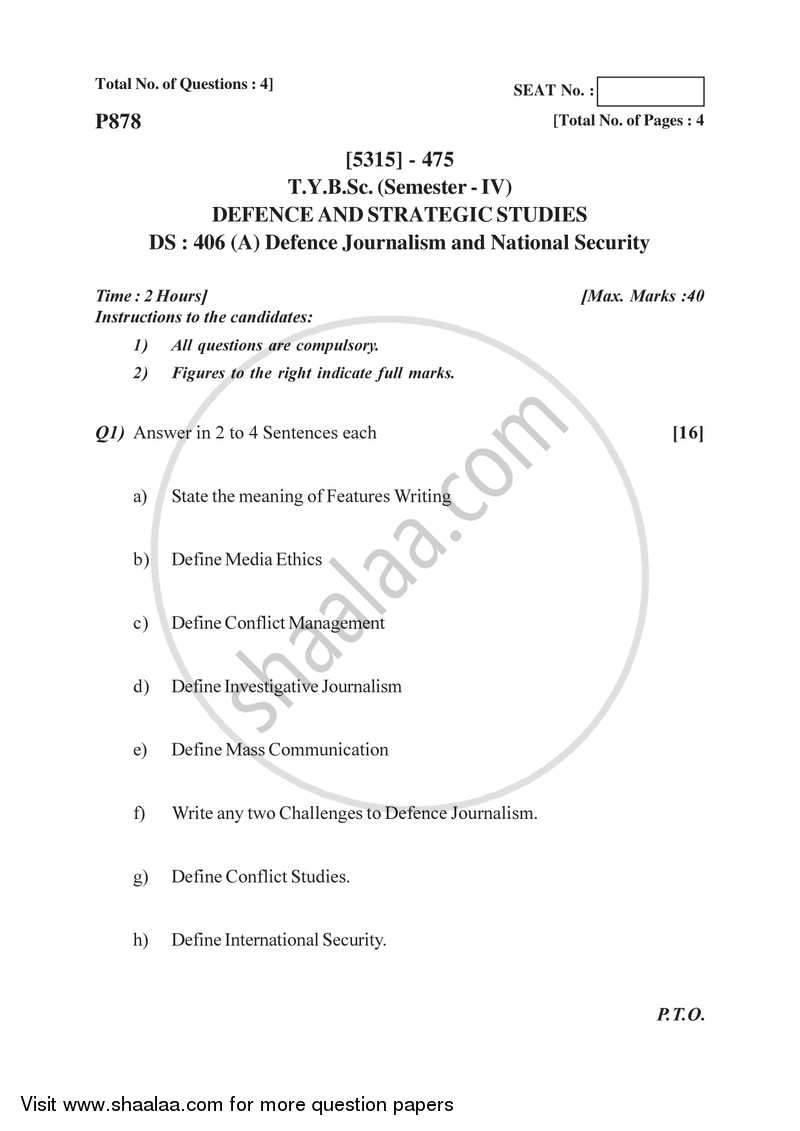 Defence Journalism and National Security 2017-2018 - B.Sc. - Semester 6 (TYBSc) - University of Pune question paper with PDF download