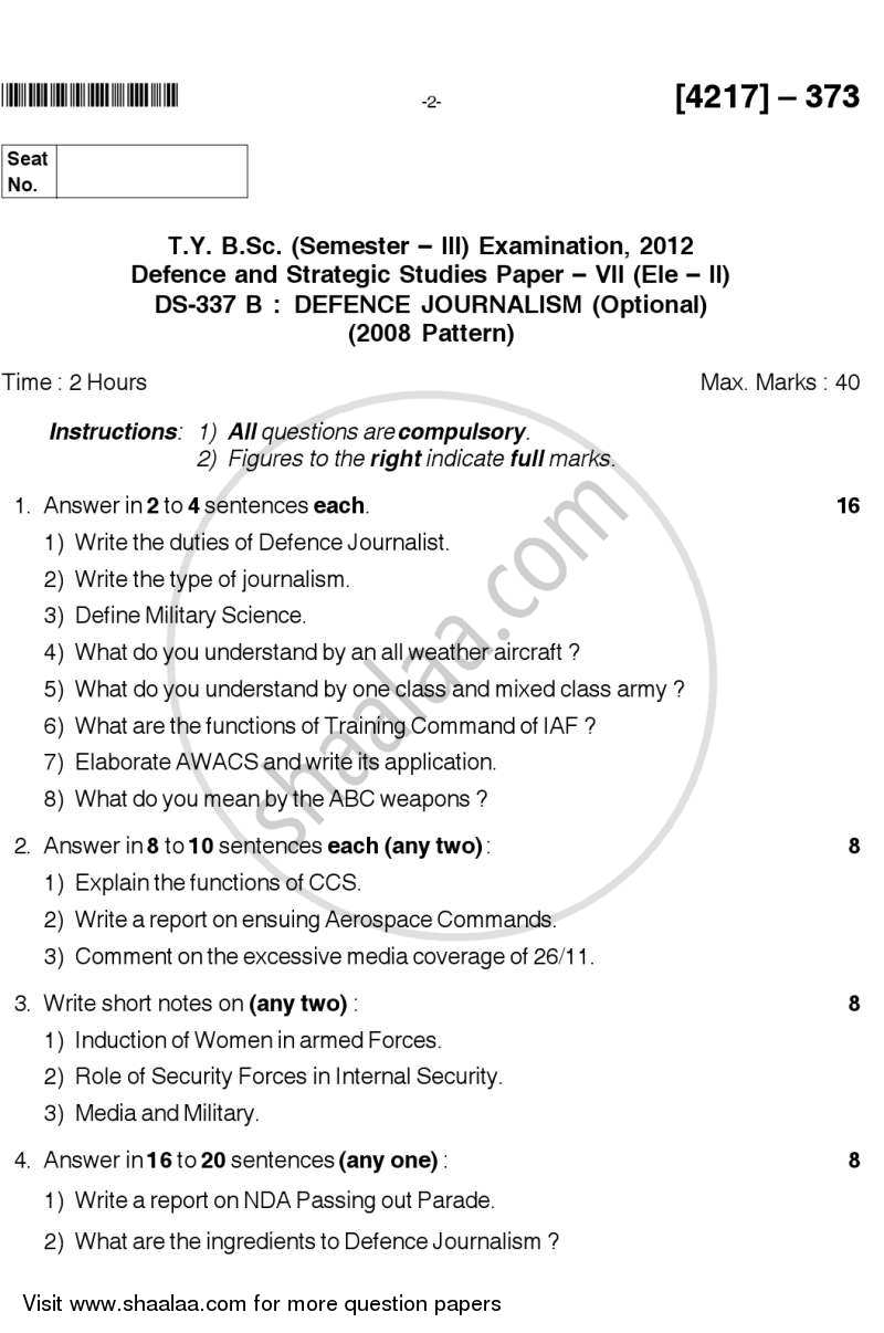 Defence Journalism 2012-2013 - B.Sc. - Semester 5 (TYBSc) - University of Pune question paper with PDF download