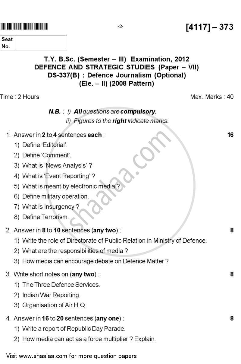 Defence Journalism 2012-2013 - B.Sc. - Semester 5 (TYBSc) - University of Pune question paper with PDF download