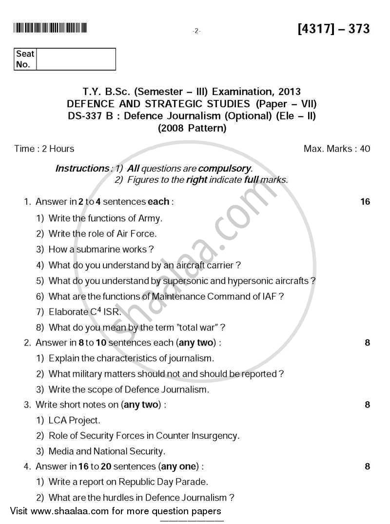 Defence Journalism 2013-2014 - B.Sc. - Semester 5 (TYBSc) - University of Pune question paper with PDF download