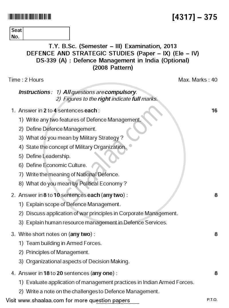 Defence Management in India 2013-2014 - B.Sc. - Semester 5 (TYBSc) - University of Pune question paper with PDF download
