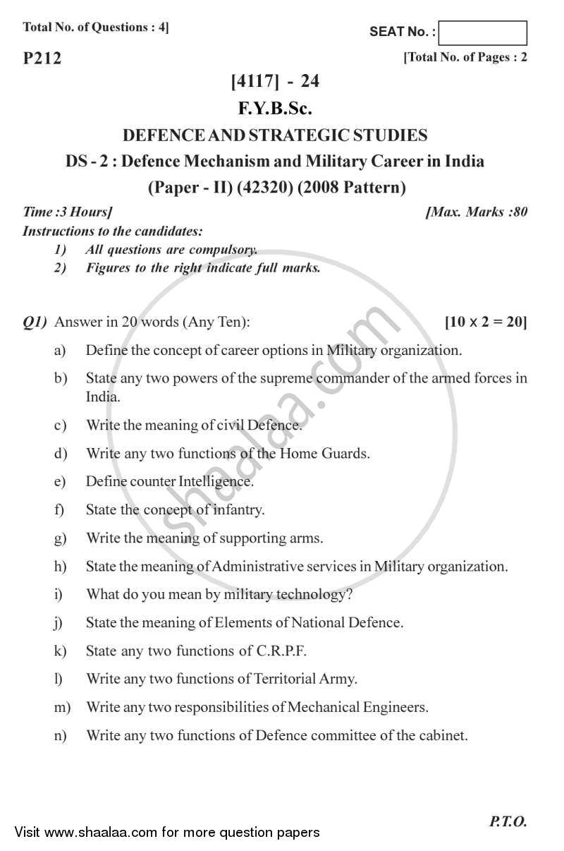 Defence Mechanism and Military Career in India 2012-2013 - B.Sc. - Semester 2 (FYBSc) - University of Pune question paper with PDF download