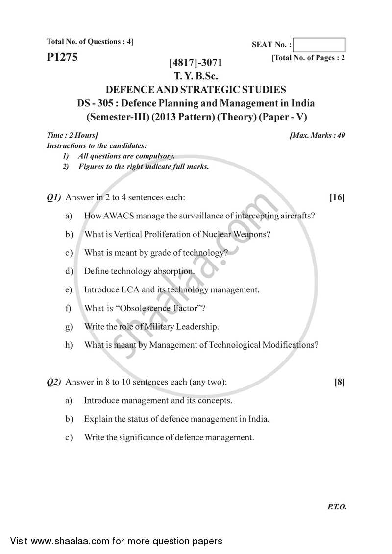 Defence Planning and Management in India 2015-2016 - B.Sc. - Semester 5 (TYBSc) - University of Pune question paper with PDF download