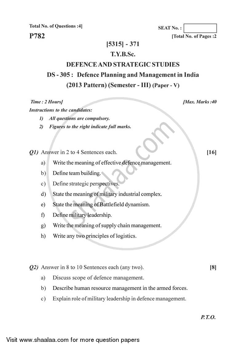 Defence Planning and Management in India 2017-2018 - B.Sc. - Semester 5 (TYBSc) - University of Pune question paper with PDF download