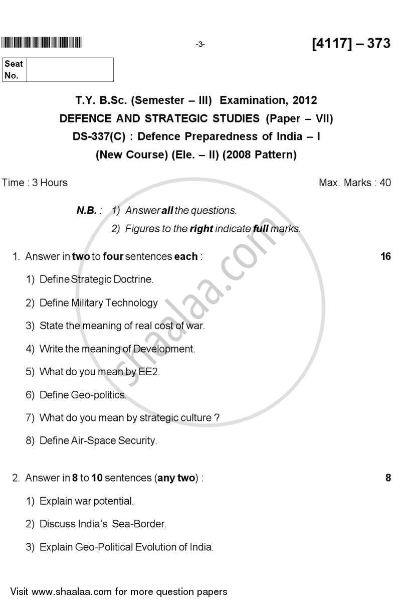 Defence Preparedness of India 1 2011-2012 - B.Sc. - Semester 5 (TYBSc) - University of Pune question paper with PDF download