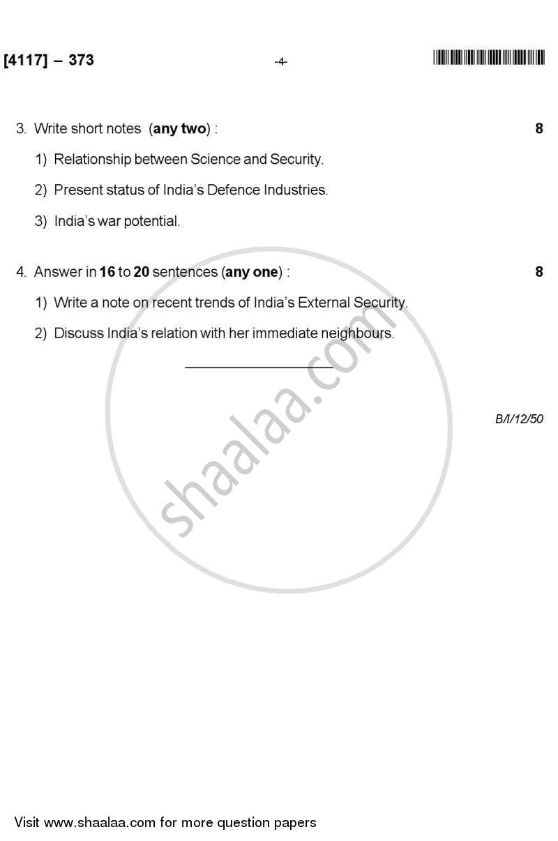 Defence Preparedness of India 1 2011-2012 - B.Sc. - Semester 5 (TYBSc) - University of Pune question paper with PDF download