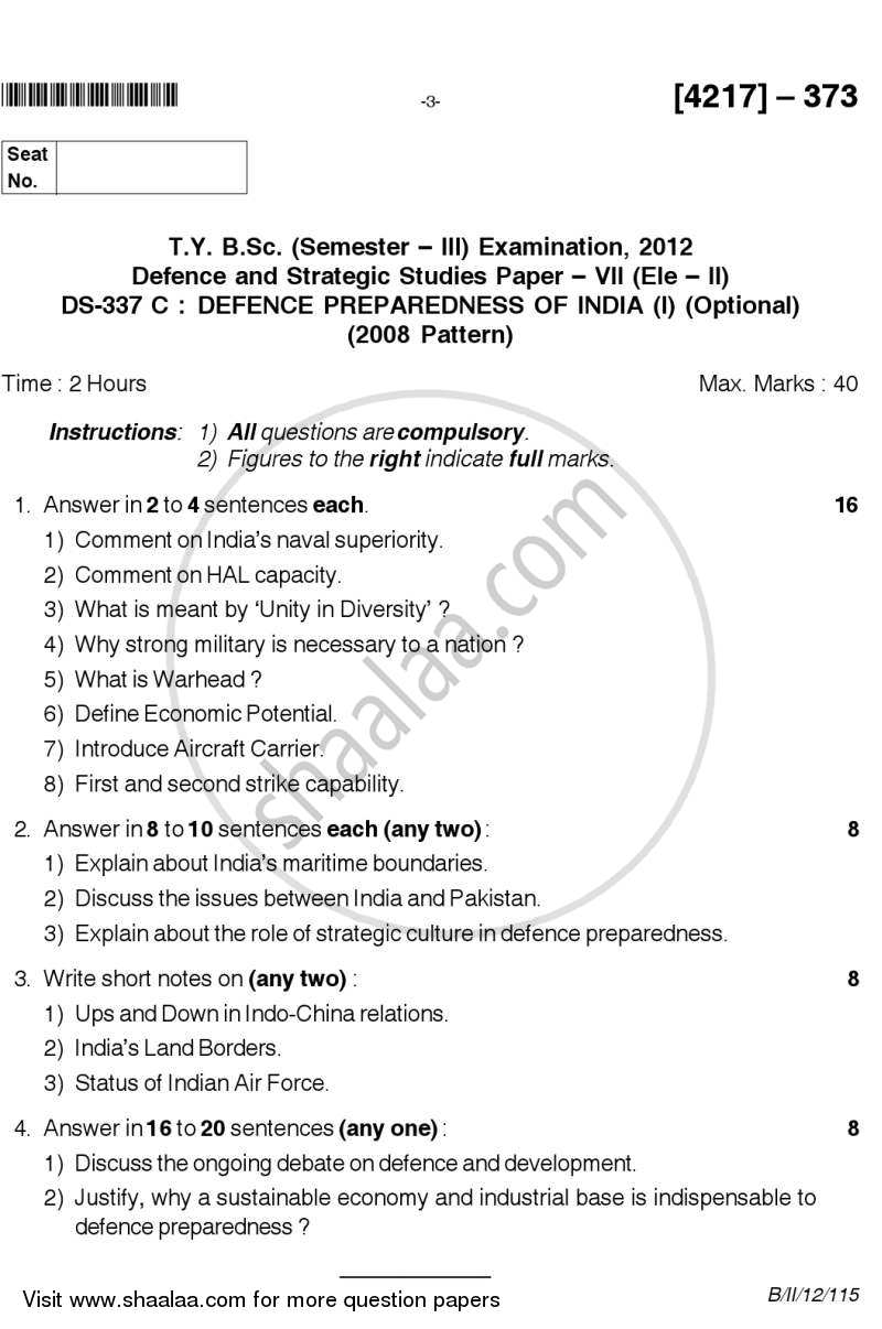 Defence Preparedness of India 1 2012-2013 - B.Sc. - Semester 5 (TYBSc) - University of Pune question paper with PDF download