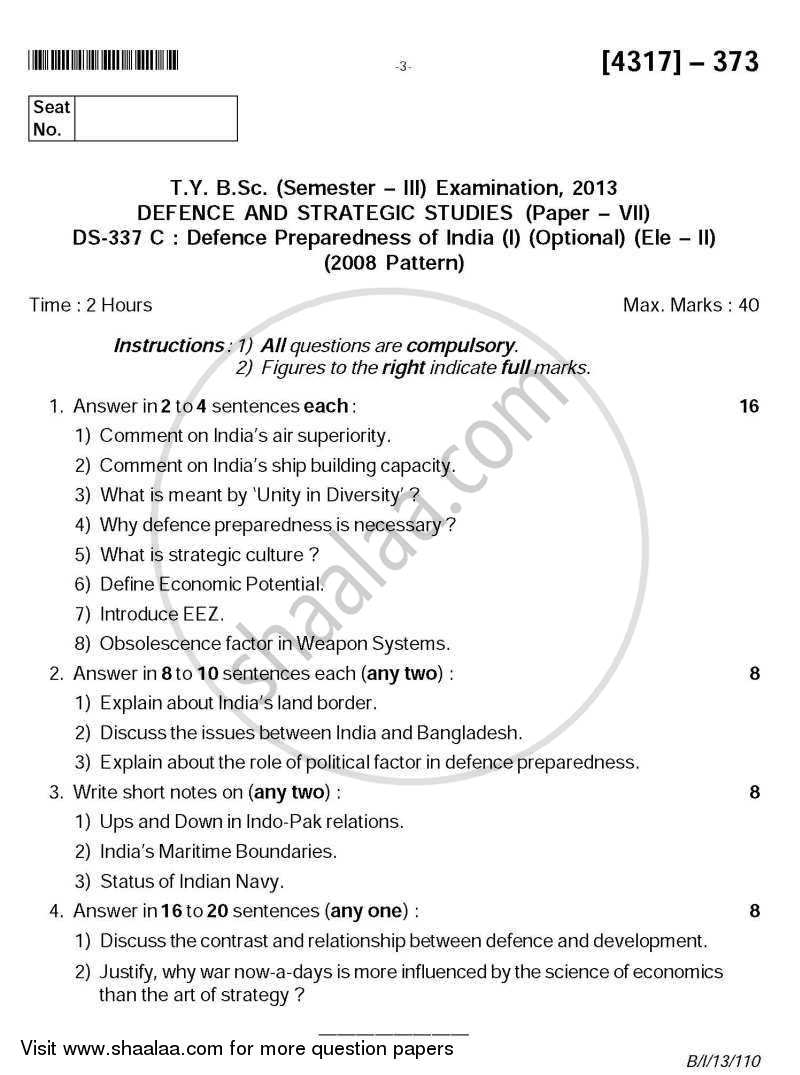 Defence Preparedness of India 1 2012-2013 - B.Sc. - Semester 5 (TYBSc) - University of Pune question paper with PDF download