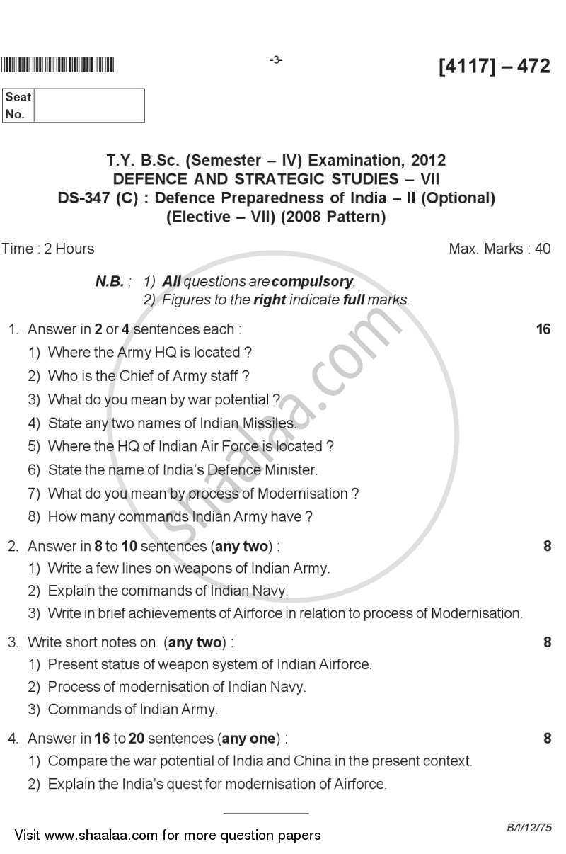 Defence Preparedness of India 2 2011-2012 - B.Sc. - Semester 6 (TYBSc) - University of Pune question paper with PDF download