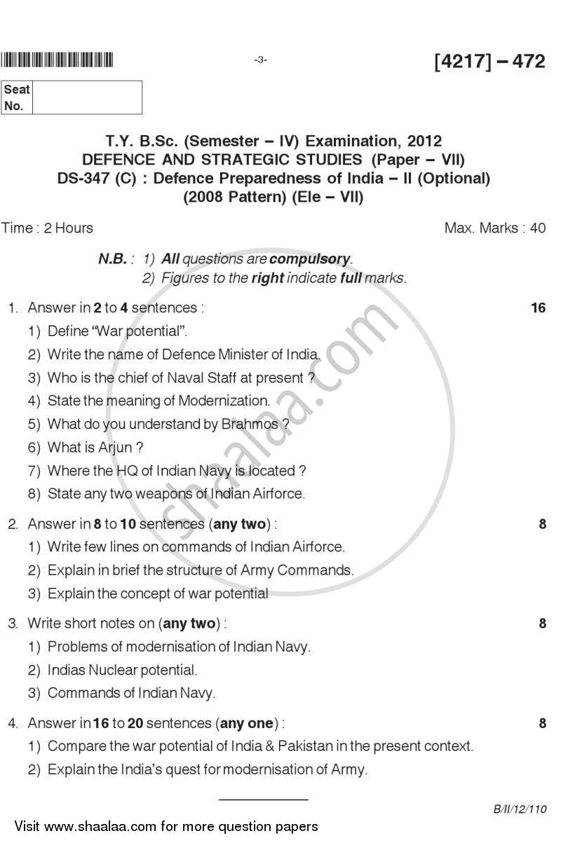 Defence Preparedness of India 2 2012-2013 - B.Sc. - Semester 6 (TYBSc) - University of Pune question paper with PDF download