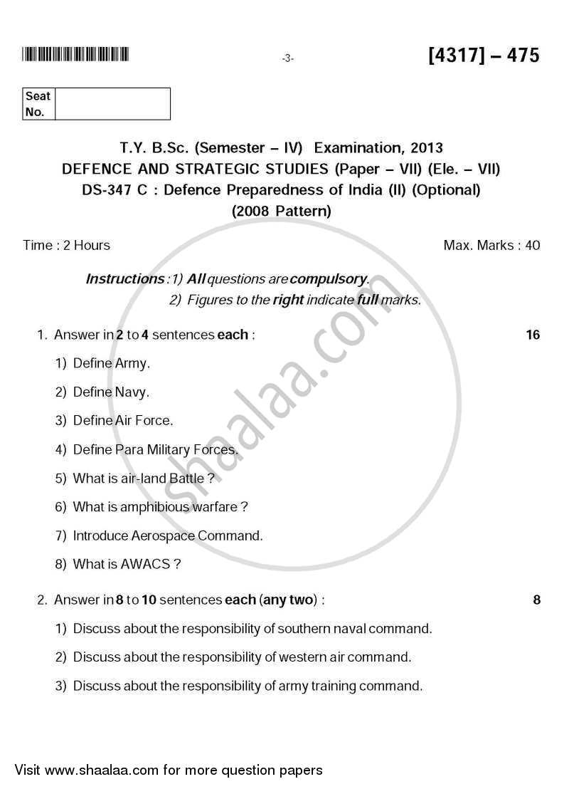 Defence Preparedness of India 2 2012-2013 - B.Sc. - Semester 6 (TYBSc) - University of Pune question paper with PDF download