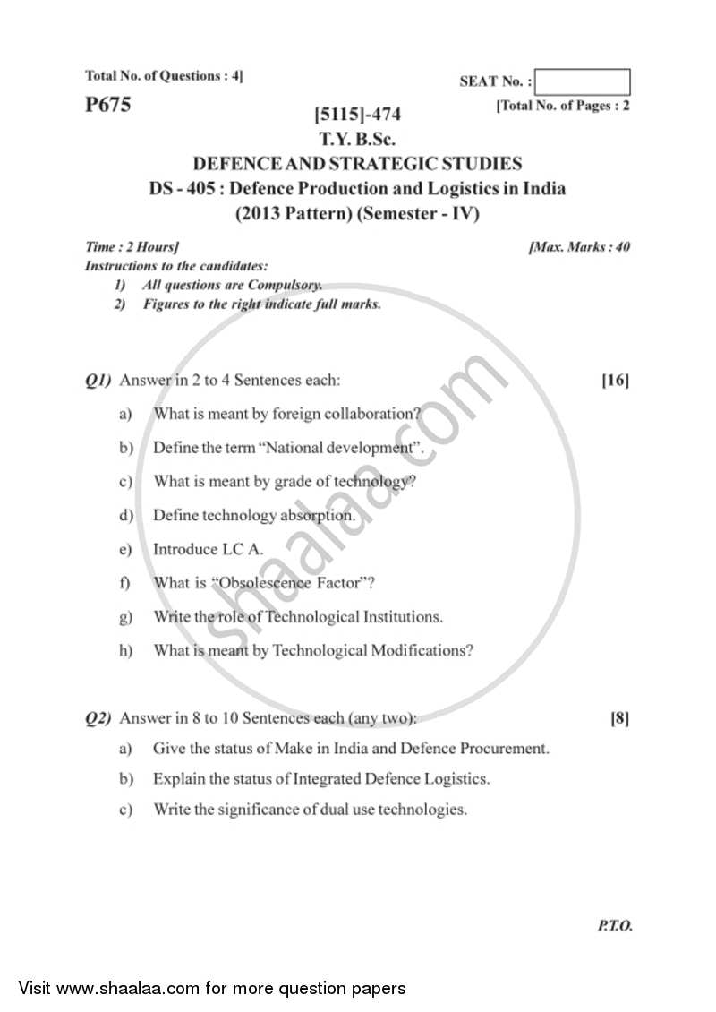 Defence Production and Logistics in India 2016-2017 - B.Sc. - Semester 6 (TYBSc) - University of Pune question paper with PDF download