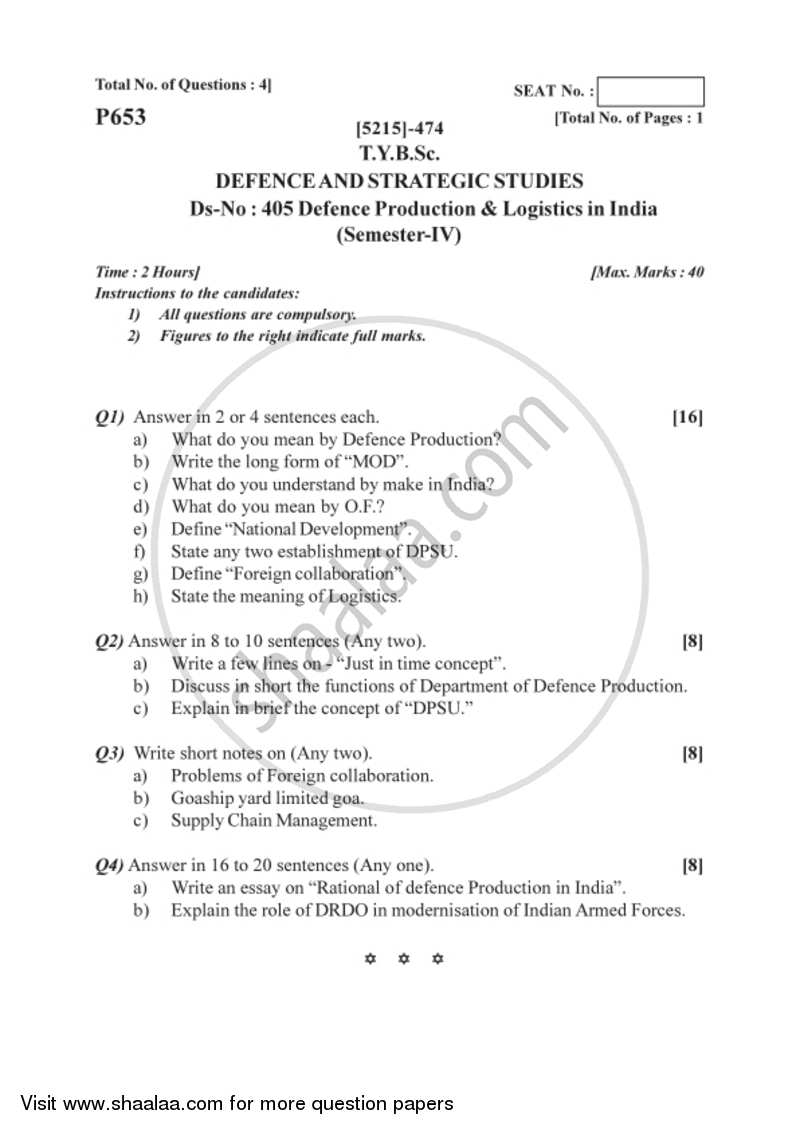 Defence Production and Logistics in India 2017-2018 - B.Sc. - Semester 6 (TYBSc) - University of Pune question paper with PDF download