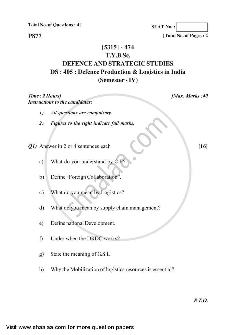 Defence Production and Logistics in India 2017-2018 - B.Sc. - Semester 6 (TYBSc) - University of Pune question paper with PDF download