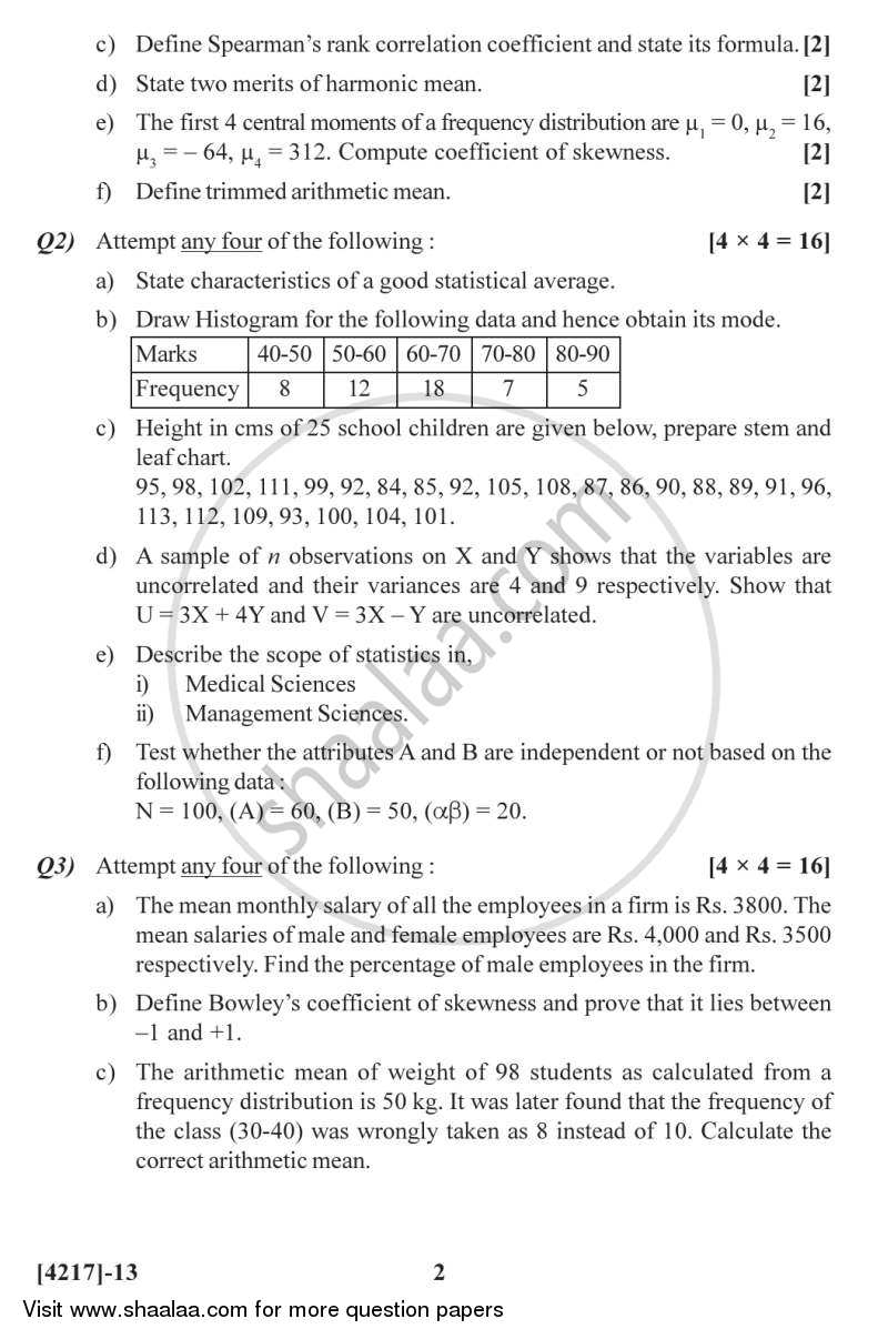 Descriptive Statistics 2012-2013 - B.Sc. - Semester 2 (FYBSc) - University of Pune question paper with PDF download