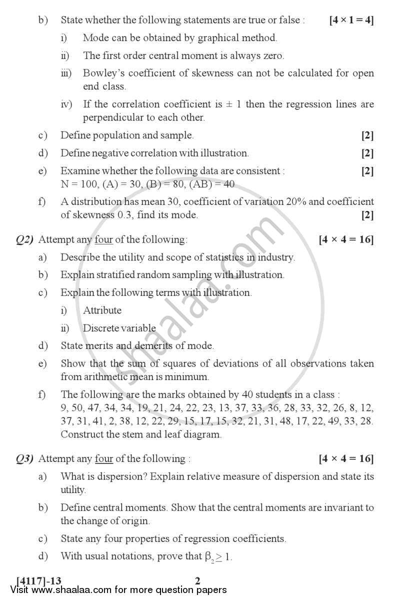Descriptive Statistics 2012-2013 - B.Sc. - Semester 2 (FYBSc) - University of Pune question paper with PDF download