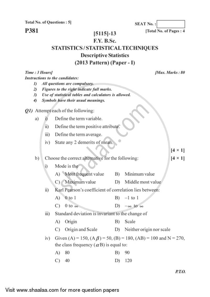 Descriptive Statistics 2016-2017 - B.Sc. - Semester 2 (FYBSc) - University of Pune question paper with PDF download