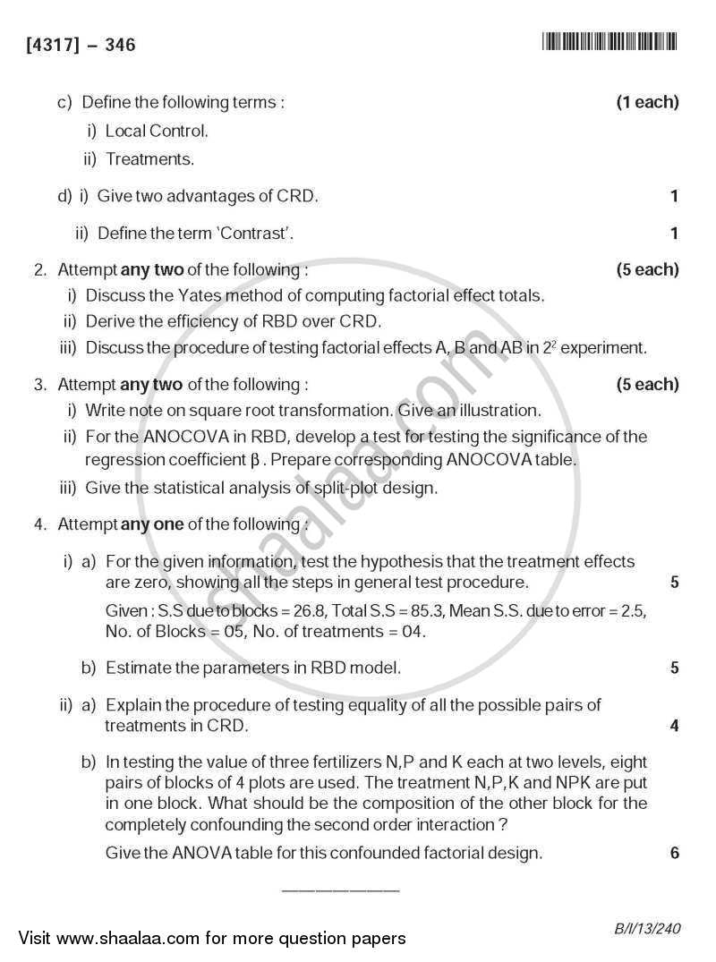 Design of Experiments 2013-2014 - B.Sc. - Semester 5 (TYBSc) - University of Pune question paper with PDF download