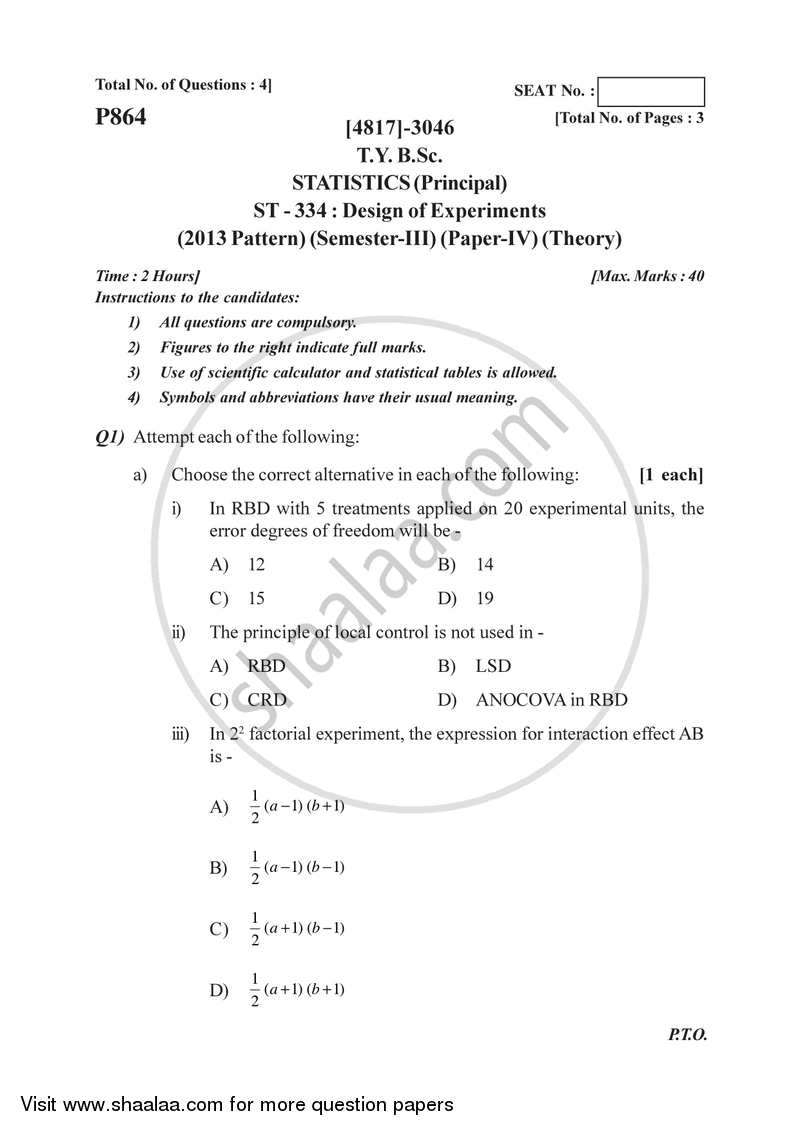 Design of Experiments 2015-2016 - B.Sc. - Semester 5 (TYBSc) - University of Pune question paper with PDF download