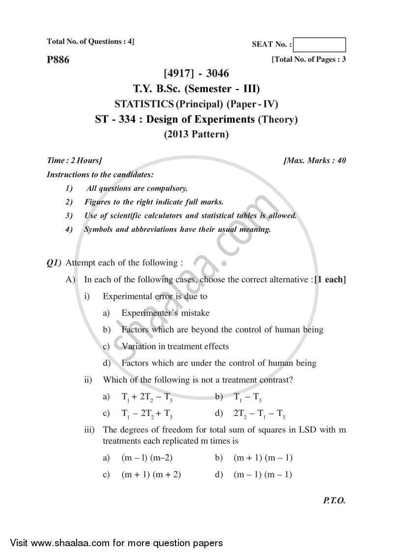 Design of Experiments 2015-2016 - B.Sc. - Semester 5 (TYBSc) - University of Pune question paper with PDF download