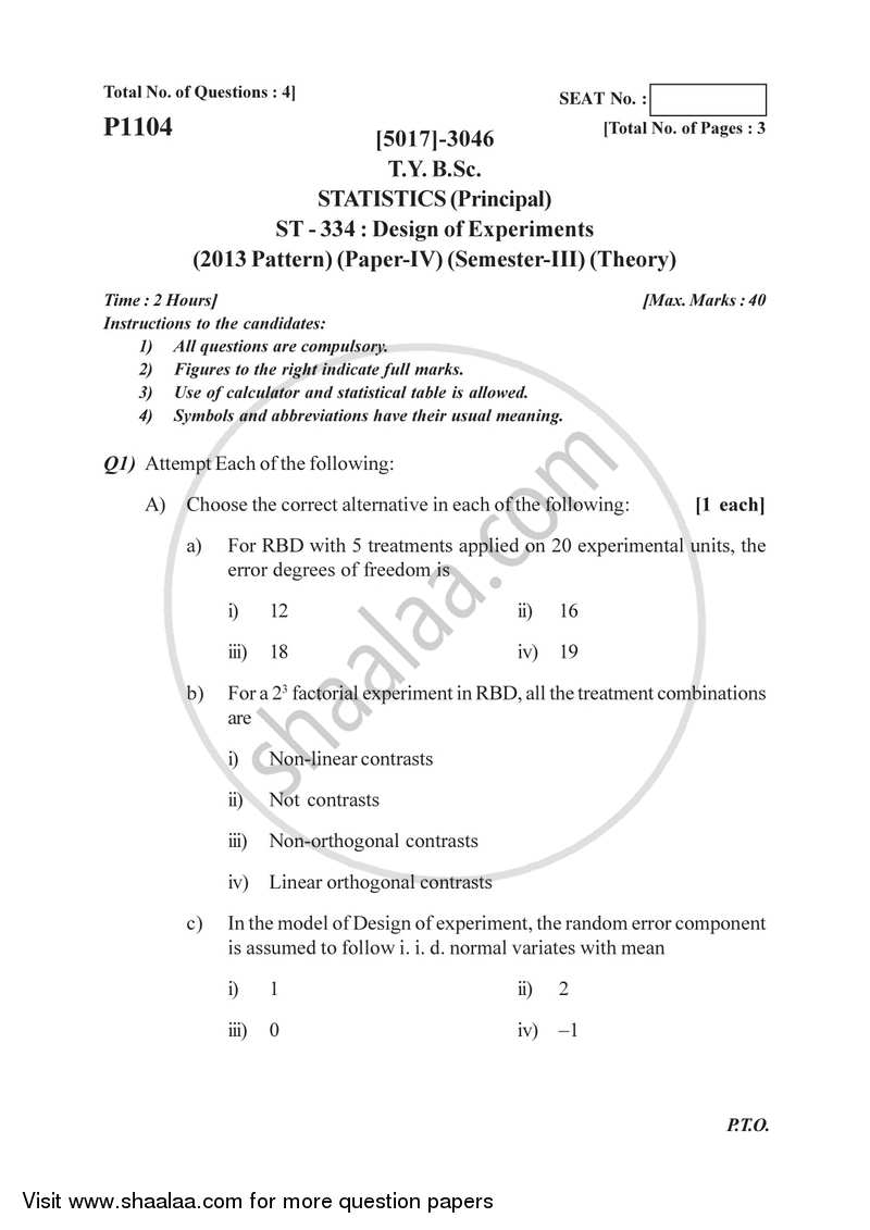 Design of Experiments 2016-2017 - B.Sc. - Semester 5 (TYBSc) - University of Pune question paper with PDF download