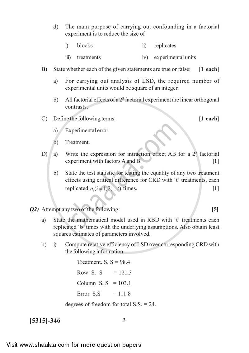 Design of Experiments 2017-2018 - B.Sc. - Semester 5 (TYBSc) - University of Pune question paper with PDF download
