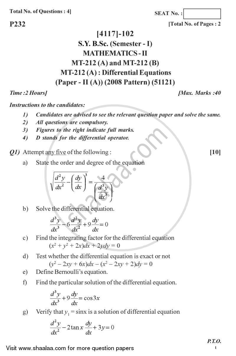 Differential Equations 2012-2013 - B.Sc. - Semester 3 (SYBSc) - University of Pune question paper with PDF download