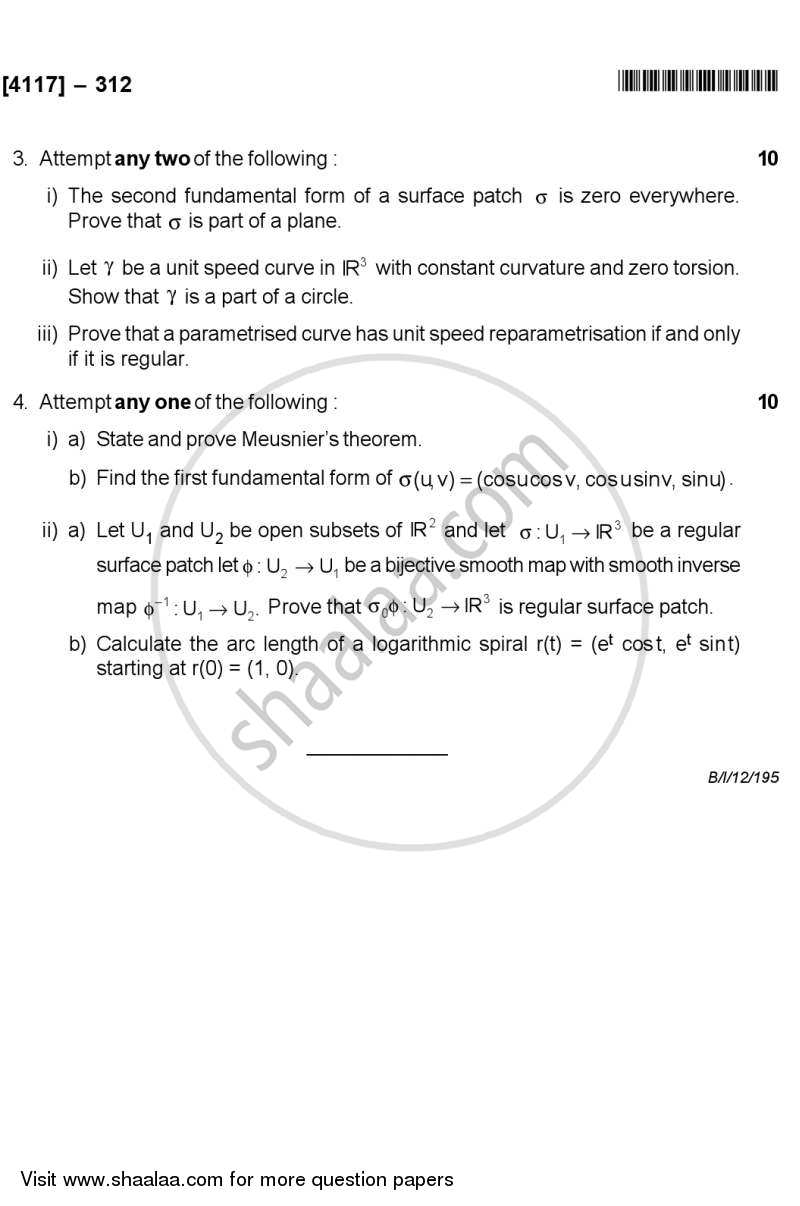 Differential Geometry 2012-2013 - B.Sc. - Semester 5 (TYBSc) - University of Pune question paper with PDF download