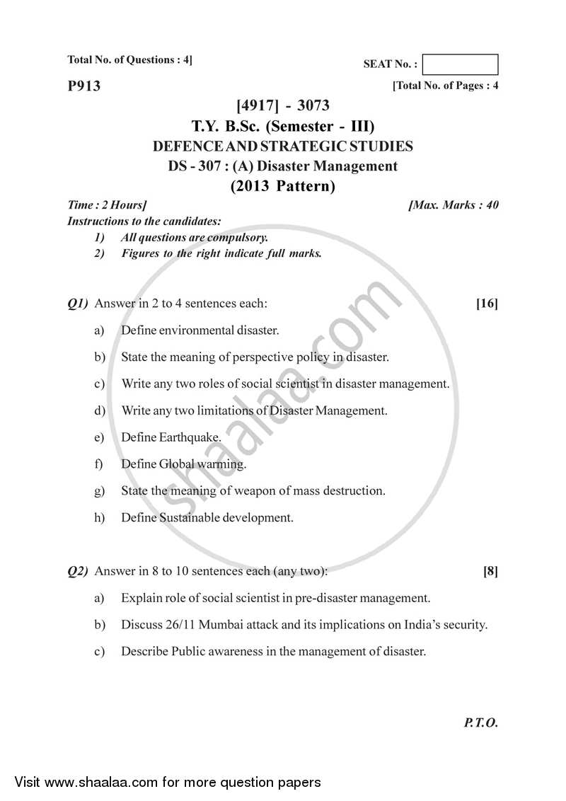 Disaster Management 2015-2016 - B.Sc. - Semester 5 (TYBSc) - University of Pune question paper with PDF download